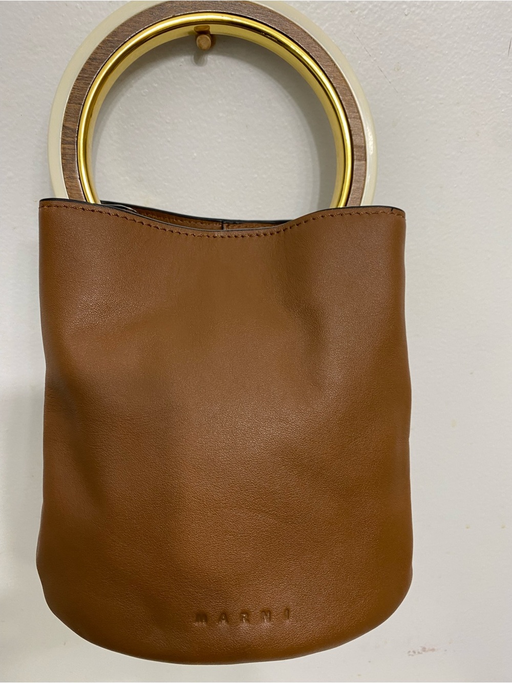 MARNI  bucket bag Panniers Hand Bag Brown Leather with Gold Ring Handles. 7x7.5